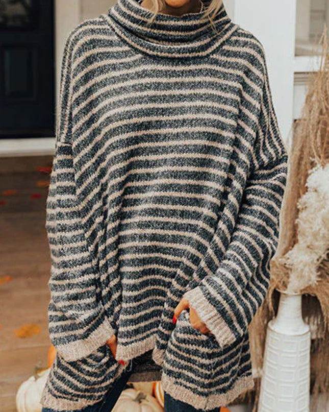Striped Turtleneck Sweater with Pockets Black