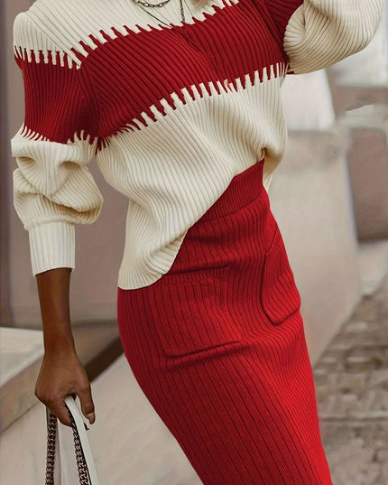 Two-Tone Ribbed Knit Top and Skirt Sweater Set Red