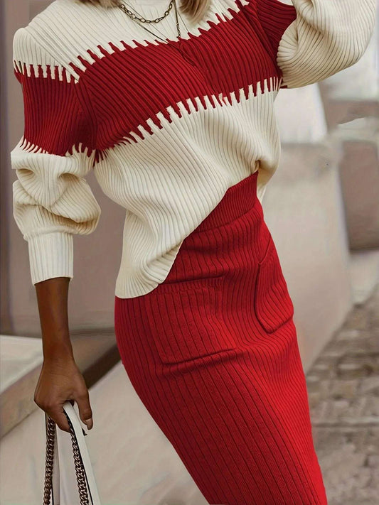 Two-Tone Ribbed Knit Top and Skirt Sweater Set Red