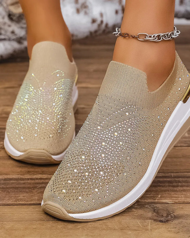 Rhinestone Wedge Sneakers Khaki