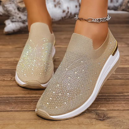 Rhinestone Wedge Sneakers Khaki