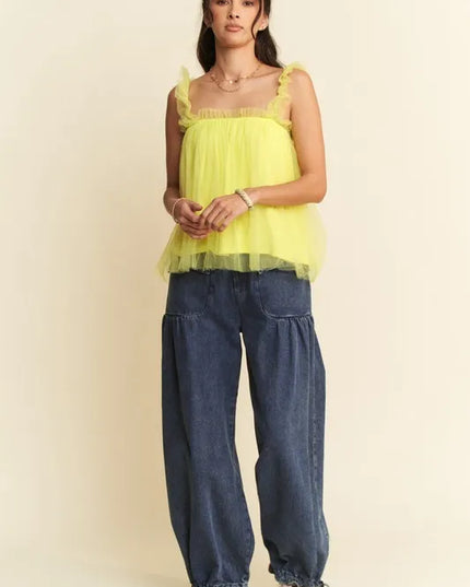 Davi & Dani Shirred Ruffle Strap Tulle Babydoll Top