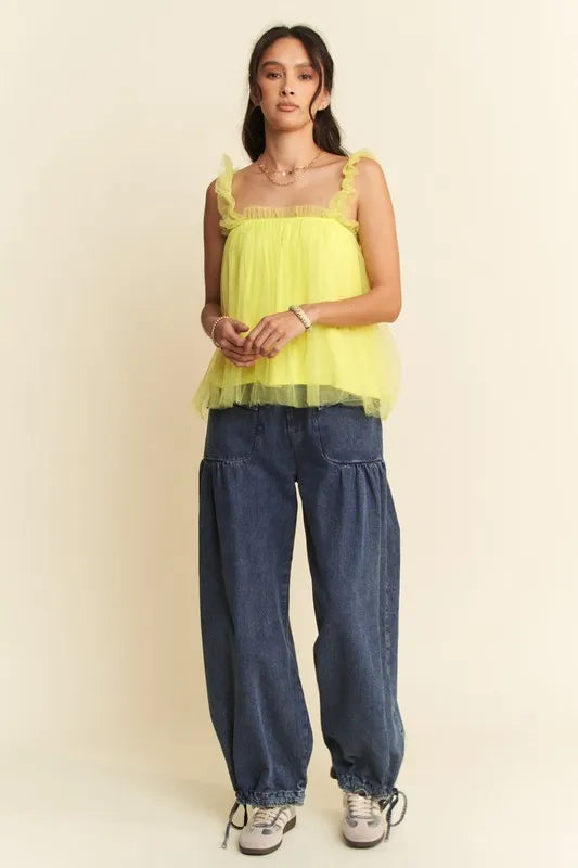 Davi & Dani Shirred Ruffle Strap Tulle Babydoll Top