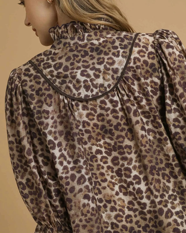 Umgee Leopard Print Ruffle Neck Blouse