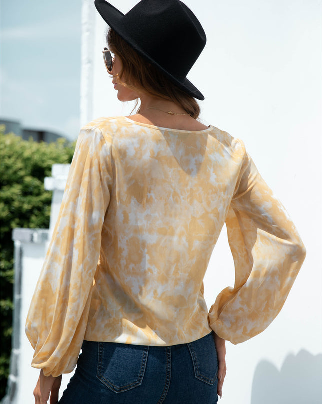 Tie-Dye Tied Balloon Sleeve Blouse