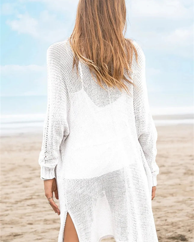 Openwork Side Slit Open Front Long Sleeve Cardigan