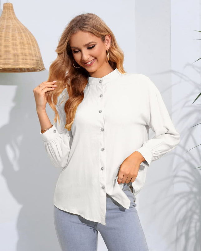 Mock Neck Buttoned Long Sleeve Shirt White