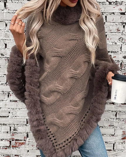 Fuzzy Hem Cable-Knit Poncho Mocha One Size