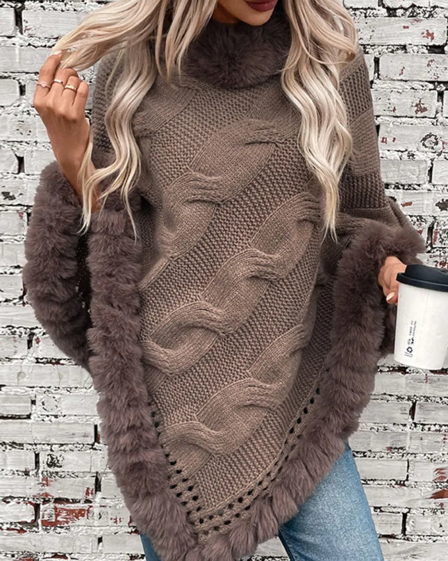 Fuzzy Hem Cable-Knit Poncho Mocha One Size
