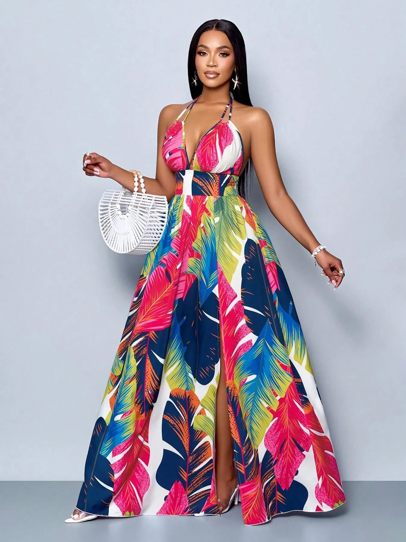 Tropical Feather Print Halter Maxi Dress