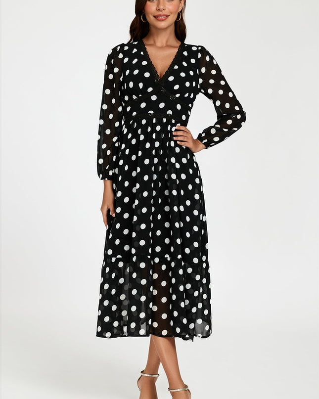 Dot Print Lace Trim Long Sleeve Maxi Dress in Black