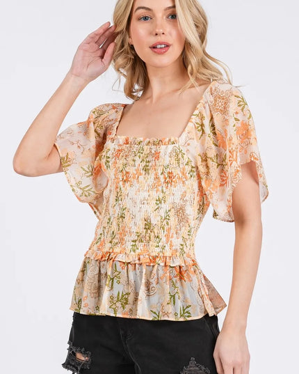 Mittoshop Floral Chiffon Smocked Square Neck Peplum Top 