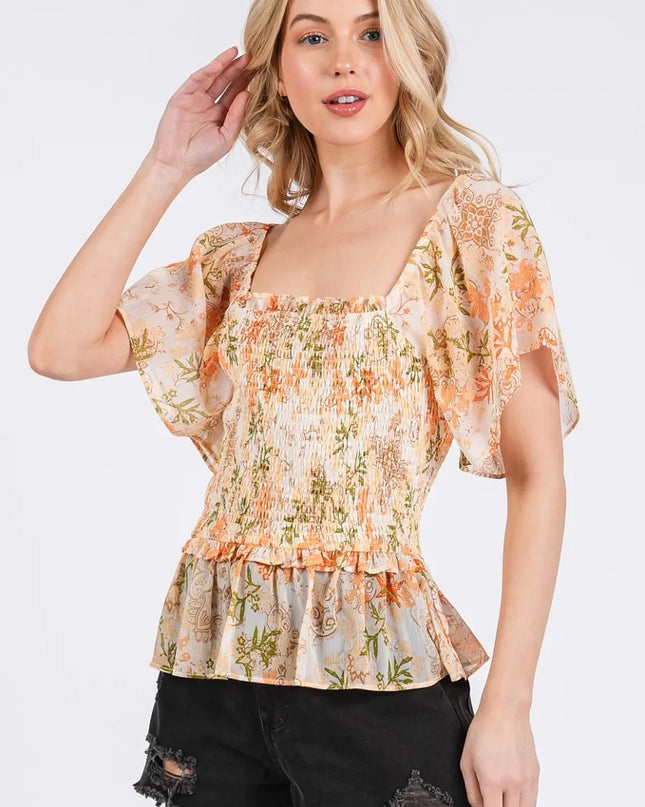 Mittoshop Floral Chiffon Smocked Square Neck Peplum Top 