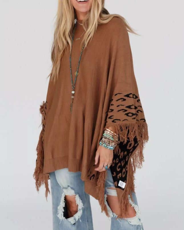Fringe Leopard Mock Neck Batwing Sleeve Knit Top