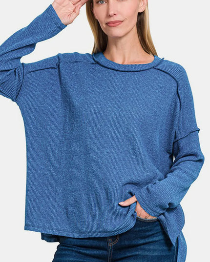 Zenana Full Size Exposed Seam Brushed Round Neck Sweater 