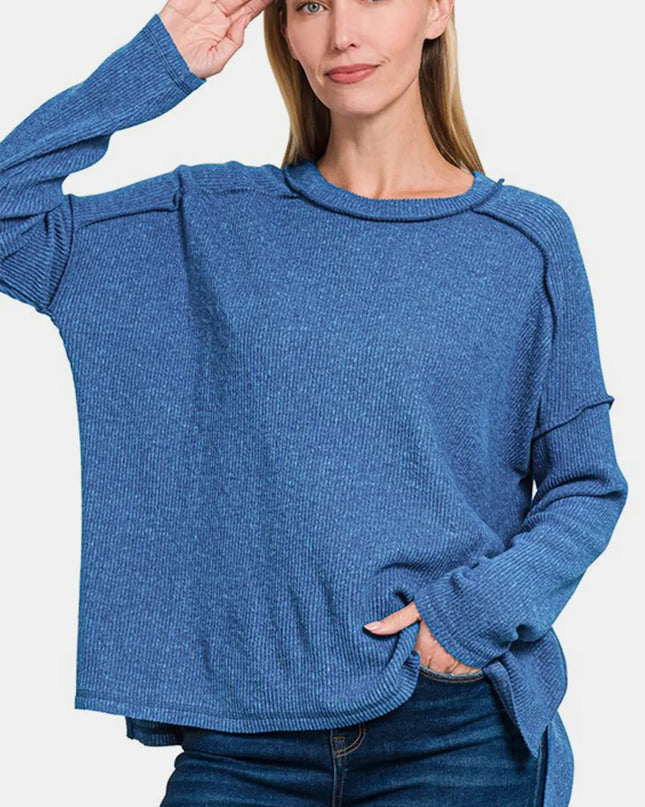 Zenana Full Size Exposed Seam Brushed Round Neck Sweater 
