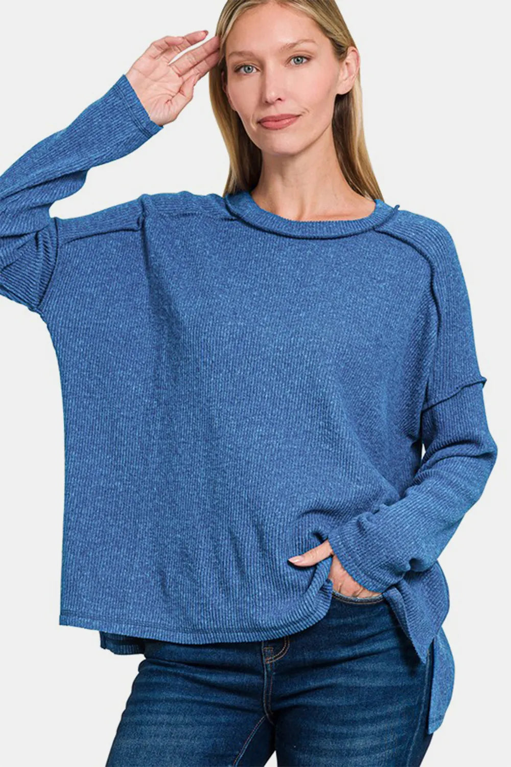 Zenana Full Size Exposed Seam Brushed Round Neck Sweater 