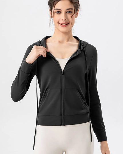 Drawstring Zip Up Hooded Active Outerwear