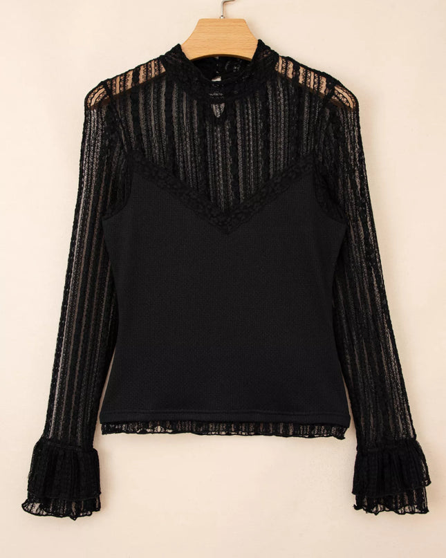 Lace Patchwork Flounce Sleeve Slim Fit Top