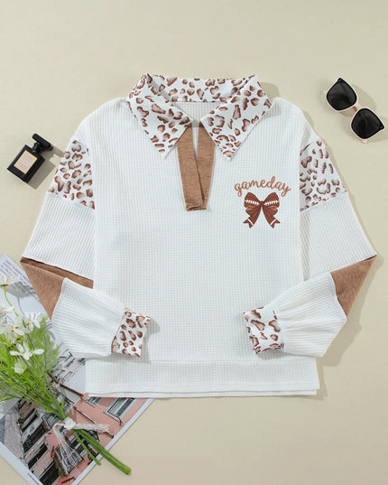 Game Day Bow Embroidered Leopard Color Block Patchwork Top