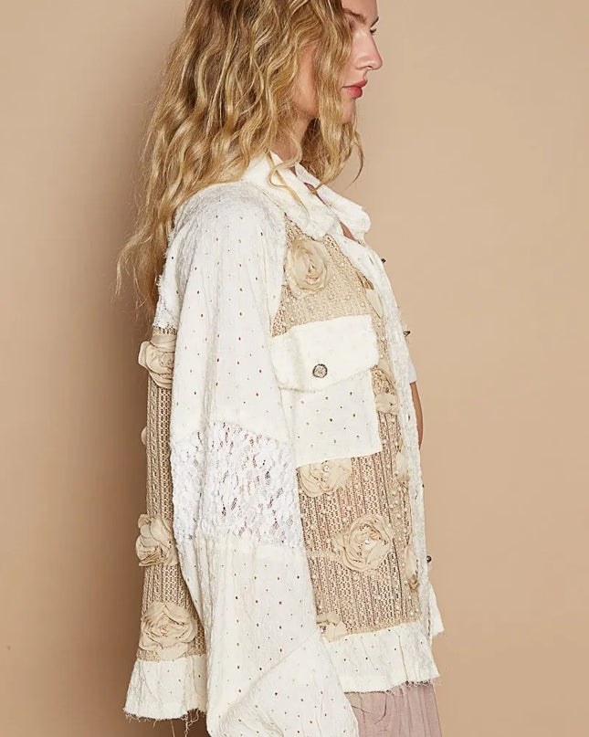 POL Eyelet Flower Pearl Detail Lace Patchwork Shirt