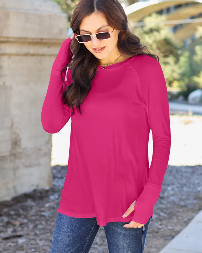 Basic Bae Full Size Round Neck Long Sleeve T-Shirt Hot Pink