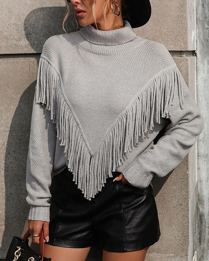 Turtle Neck Tassel Front Long Sleeve Pullover Sweater