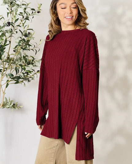 Basic Bae Full Size Ribbed Round Neck Long Sleeve Slit Top