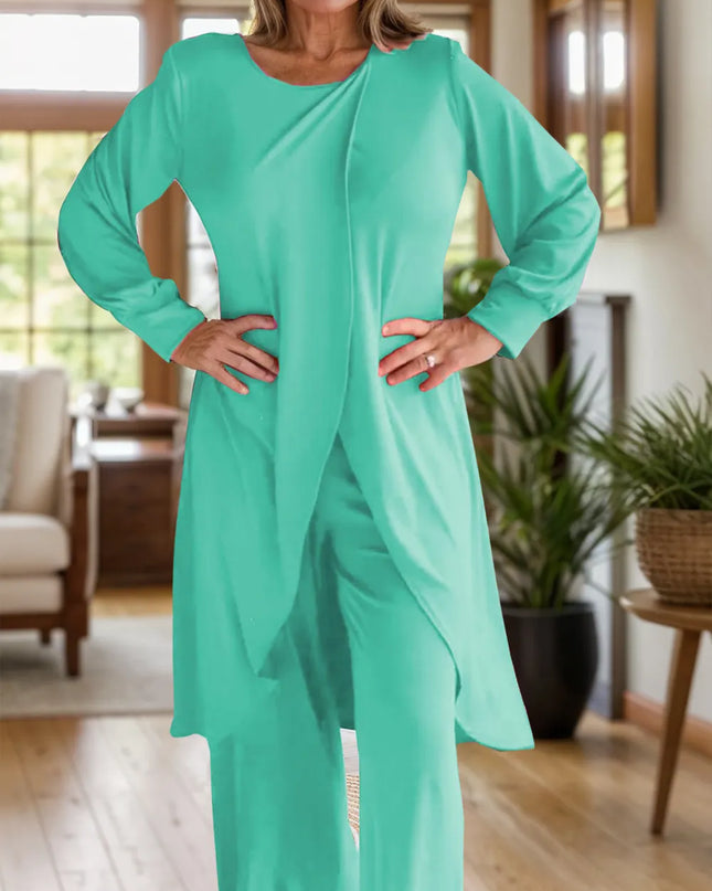 Full Size Slit Round Neck Long Sleeve Top and Pants Set Turquoise