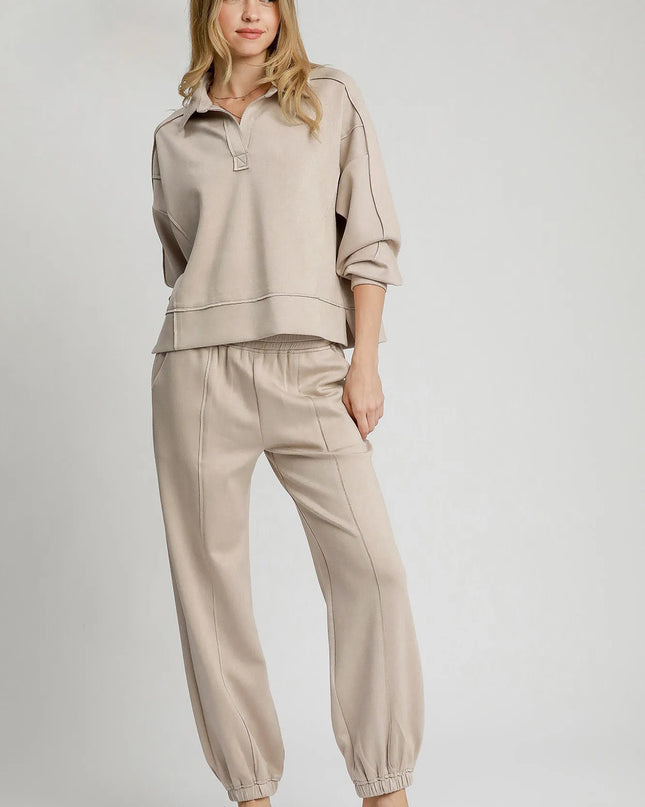 Umgee Exposed Seam Long Sleeve Polo Top with Side Slit