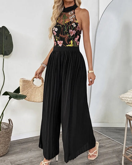 Floral Embroidered Halter Neck Pleated Jumpsuit