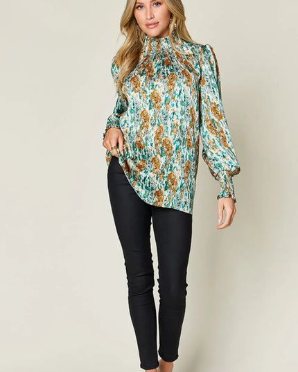 Double Take Full Size Printed Smocked Long Sleeve Blouse