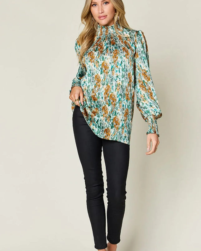 Double Take Full Size Printed Smocked Long Sleeve Blouse