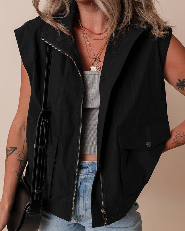 Pocketed Zip Up Vest Coat Black