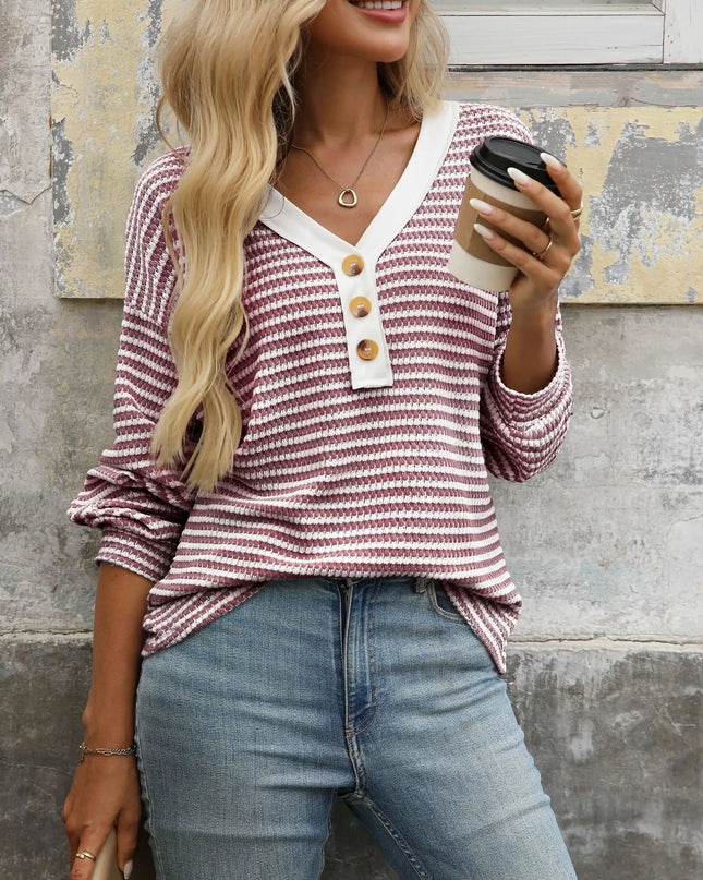 Striped V-Neck Button Front Casual Top