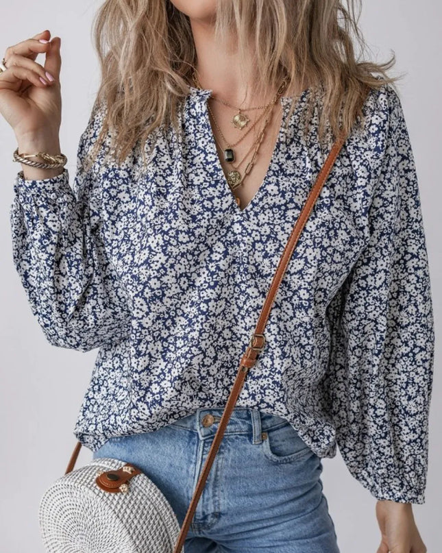 Floral Print Notched Long Sleeve Blouse
