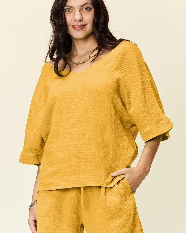 Double Take Texture Half Sleeve T-Shirt and Drawstring Shorts Set Gold