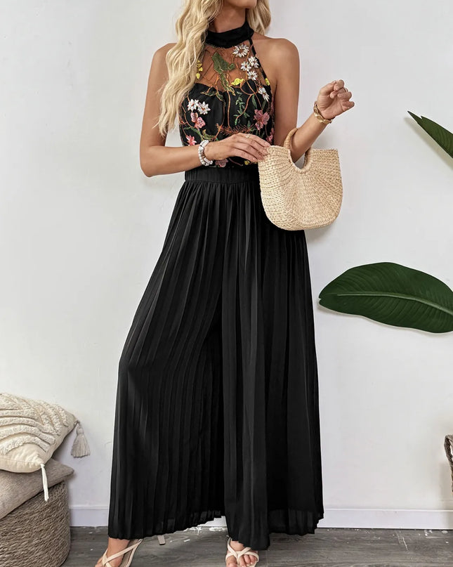Floral Embroidered Halter Neck Pleated Jumpsuit Black
