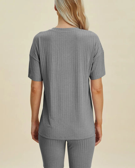 Basic Bae Full Size Ribbed V-Neck Short Sleeve Top and Shorts Set