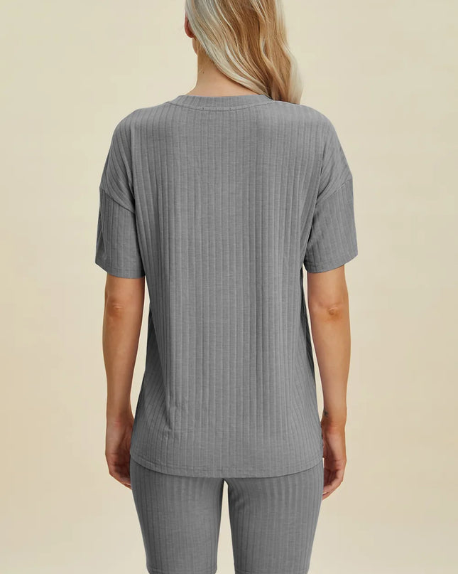 Basic Bae Full Size Ribbed V-Neck Short Sleeve Top and Shorts Set