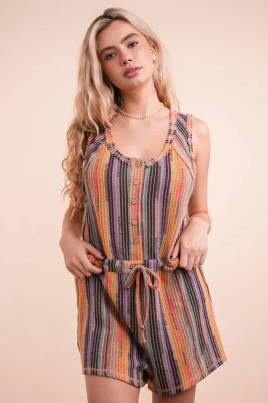 VERY J Crochet Multi Color Striped Casual Summer Romper