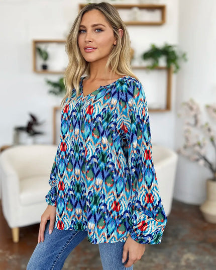 Double Take Full Size Printed Balloon Sleeve Blouse