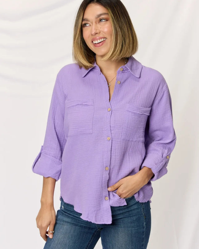Zenana Texture Button Up Raw Hem Long Sleeve Shirt LAVENDER