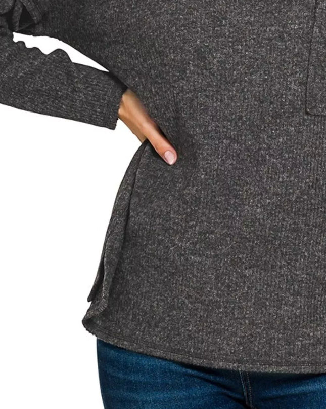 Zenana Ribbed Brushed Melange Hacci Sweater with Chest Pocket