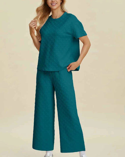 Double Take Full Size Texture Round Neck Short Sleeve Top and Pants Set