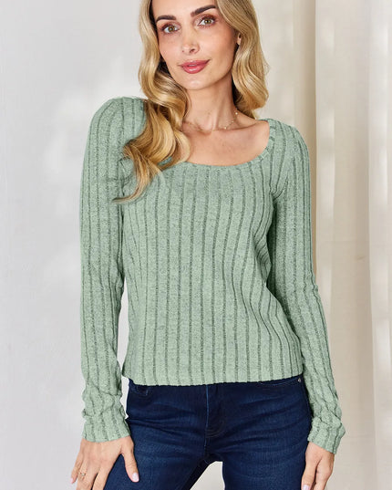 Basic Bae Full Size Ribbed Long Sleeve T-Shirt Light Green