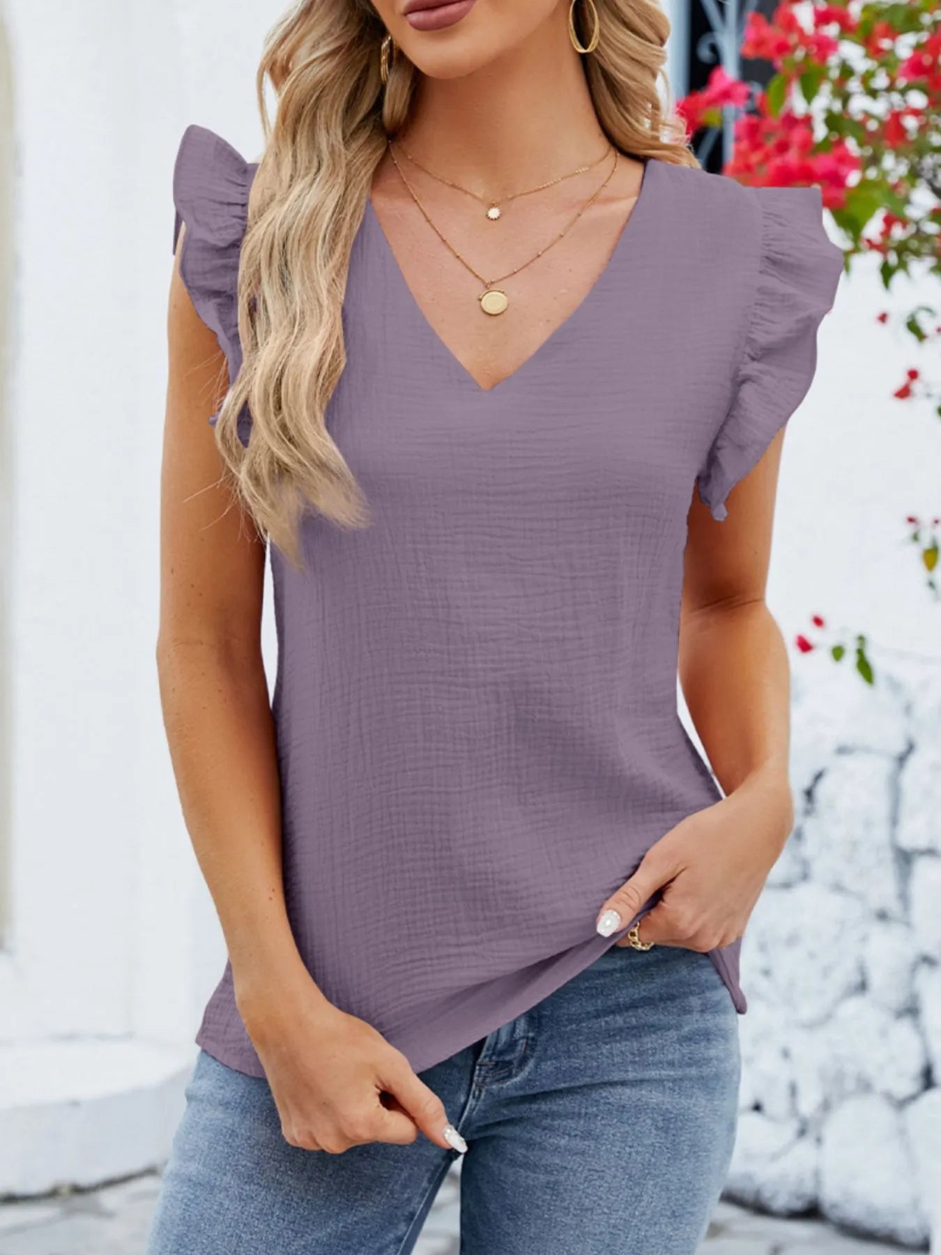 V-Neck Ruffled Sleeve Top