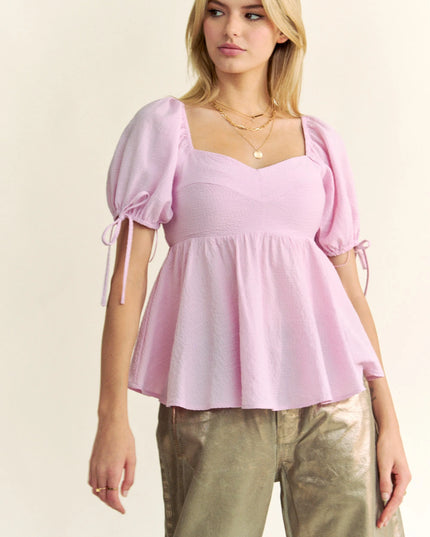Davi & Dani Solid Elastic Peplum Puffed Sleeves Blouse BABY PINK