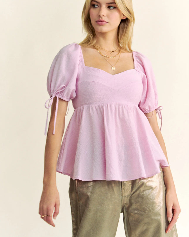 Davi & Dani Solid Elastic Peplum Puffed Sleeves Blouse BABY PINK