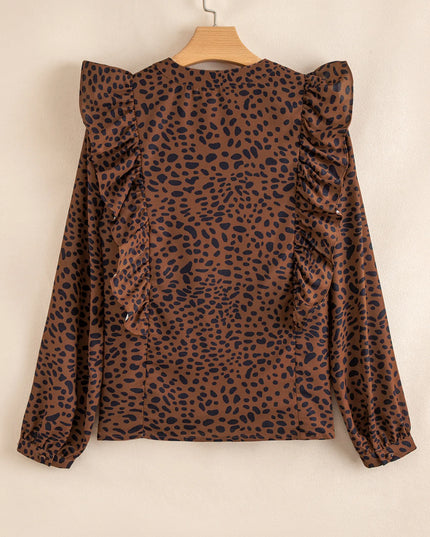 Leopard Print Ruffled Puff Sleeve Blouse
